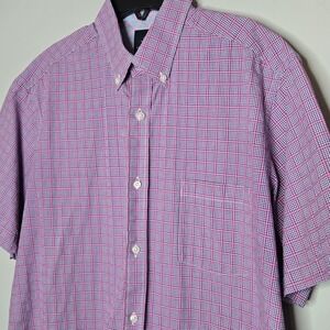 Tailorbryd Casual Short Sleeve Button Down Tattersall Plaid Pink Purple Large